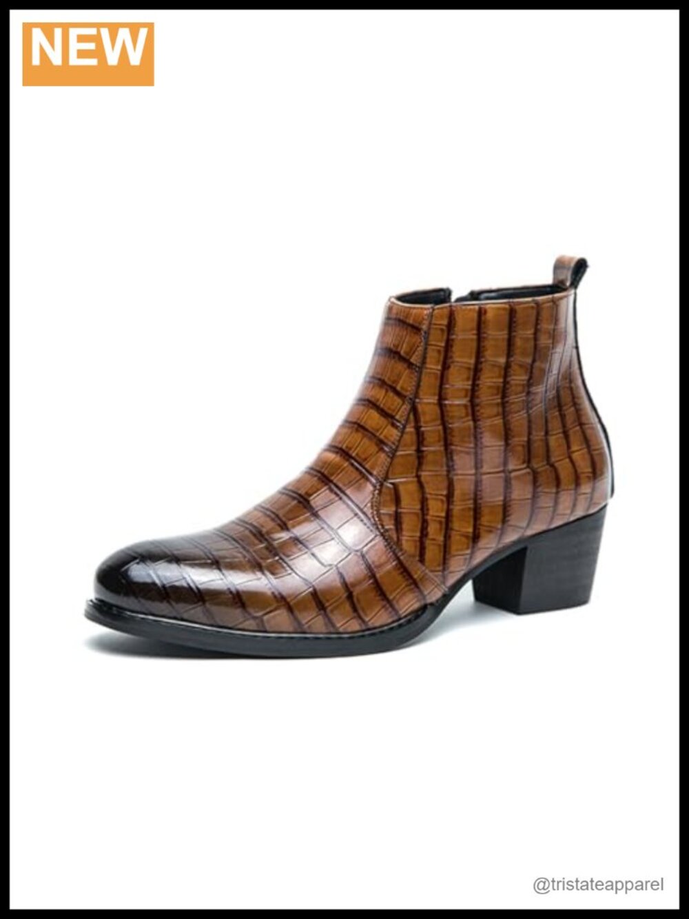Men's Patent Leather Print Chelsea Boots Side Zipper Pointed Toe Chunky Heel
